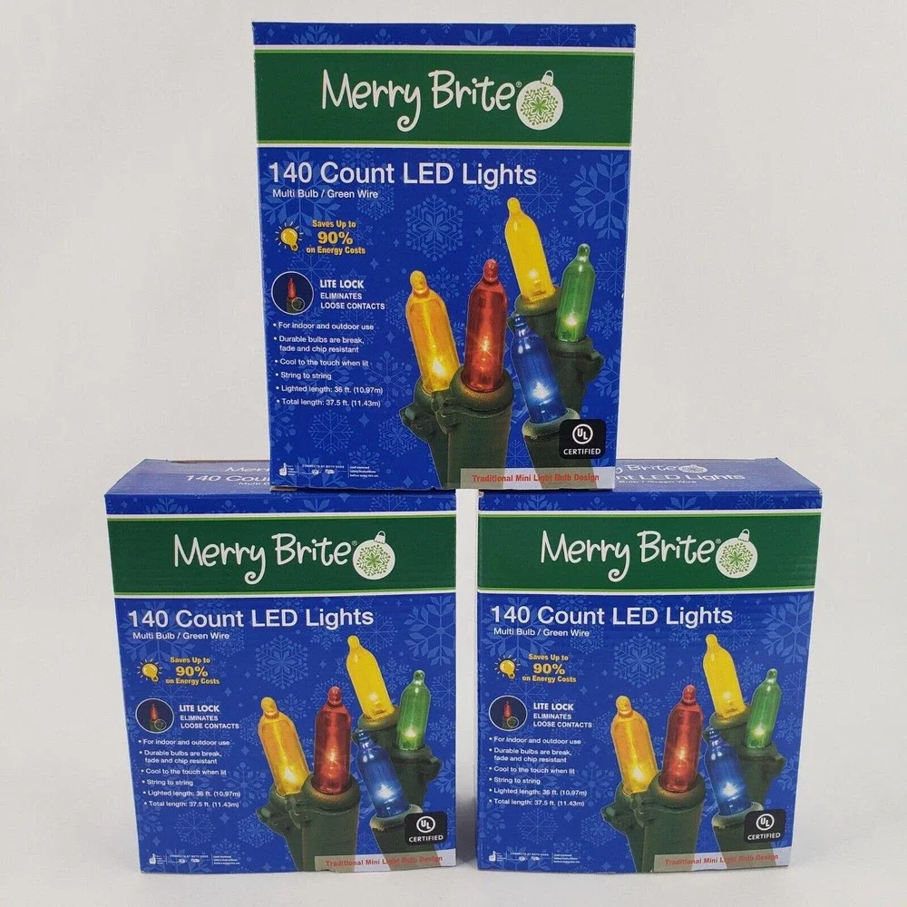 3 Merry Brite 140 ct LED Lights Multi Color Bulb Christmas Patio Kids Room Decor